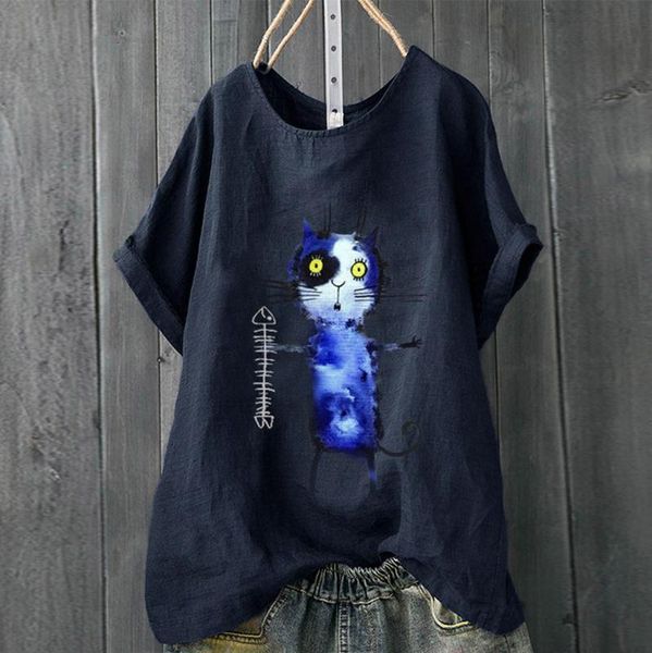 

мультфильм кошка блузка женщины милые животные печатных хлопок белье свободные короткий рукав рубашки летние женские блузки топы bluski dams, White