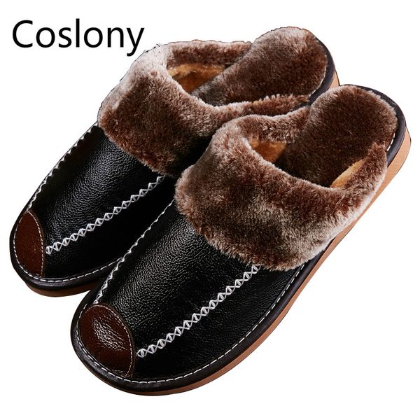 

coslony winter men's slippers genuine leather home indoor non-slip thermal shoes men 2019 new warm winter slippers plus size, Black