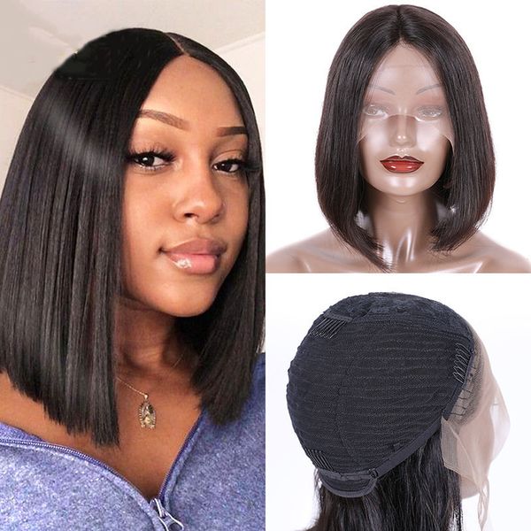 

silky straight bob 13x4 lace front wig full lace human hair wigs pre plucked natural hairline with baby hair for black women, Black;brown