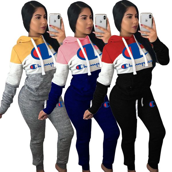 

champions hooded two piece outfits women brand hoodie long sleeve short crop pocket hole long pant set white black, Gray