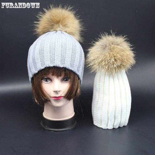 

2017 new fashion baby girls caps fur hats for children 15cm real fur pompom ball winter kids knit beanie hat