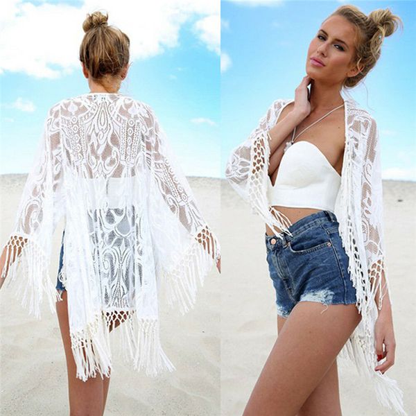 

2020 women lace cover ups hollow out sunscreen white cardigan cover up swim perspective beachwear, Blue;gray