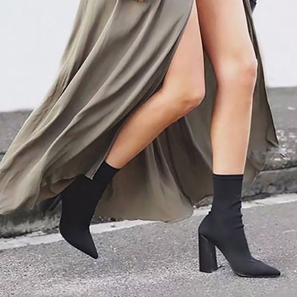 

fast fashion black lycra pointed mid-calf women boots block high heel slip-on formal confutable dress shoes booties 2018