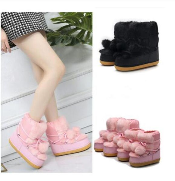 

winter snow boots parent-child thick faux fur fluffy lace-up ball sponge warm waterproof rubber non-slip platform girls booties, Black;grey