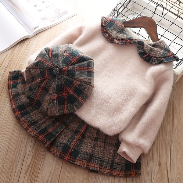 

новый ребенок зима осень девушка одежда плед плюшевый свитер с длинным рукавом пуловер юбка из двух частей детская одежда верхняя одежда кос, White