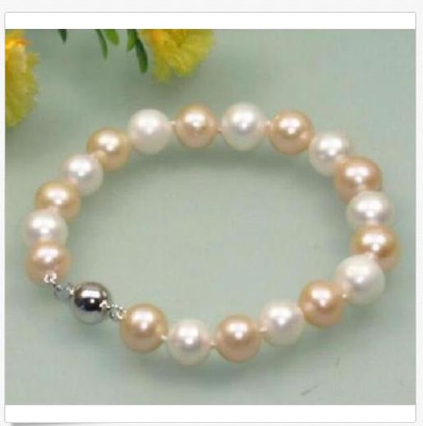 

10-11mm south sea pink white natural pearl bracelet 7.5-8" round ball clasp, Black