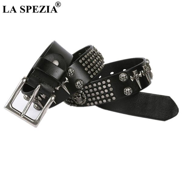 

la spezia men genuin leather rock belt rivet skull cross cowskin black r male belts brand punk clothing accessories, Black;brown