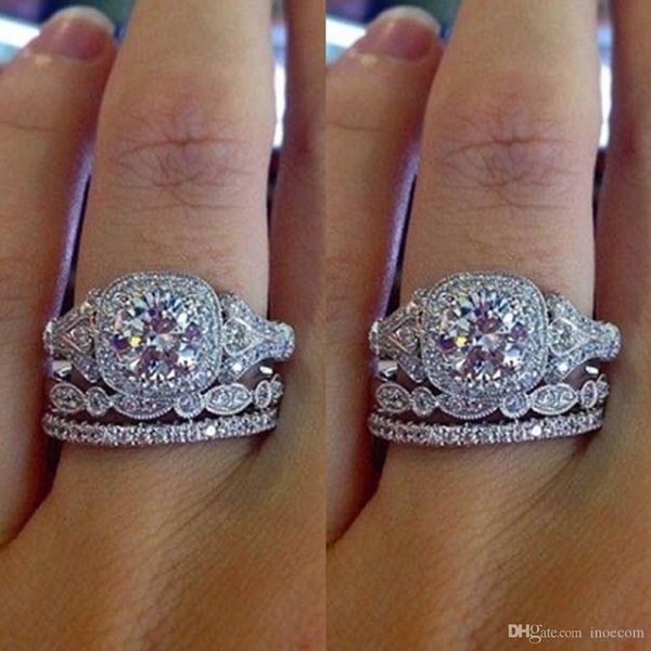 

3 pcs set ladies' fashion zircon inlaid band bridal rings multicolored ornament suits for party wedding gifts, Silver