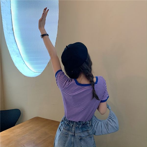 

2020 contrast color square collar striped slim short short short-sleeved t-shirt t-shirt female h1215, White