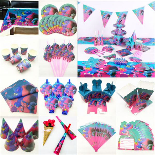 

kids birthday trolls party supplies decoration tablecloth cup plate straw napkin cap gift bag candles candy popcorn box card