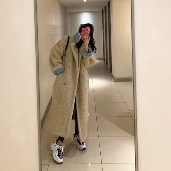 

south korea dongdaemun purchasing agents 2019 winter women's loose-fit faux mink cashmere wool coat mid-length thick lamb's wool, Blue;black