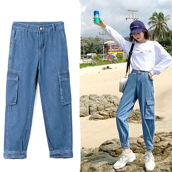 

jeans woman 2020 loose large size casual tooling pants straight pants streetwear denim students slouchy jeans femme 3114, Blue