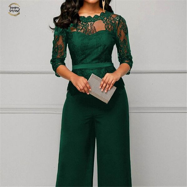

women fashion plus size jumpsuit loose solid color playsuit party romper half lace sleeve party elegant long jumpsuit, Black;white