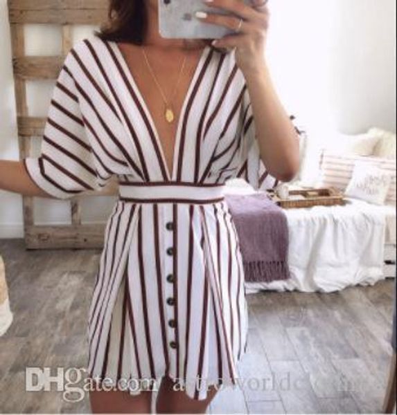

striped dress women summer bandage designer backless beach casual dresses deep v-neck fashion, Black;gray