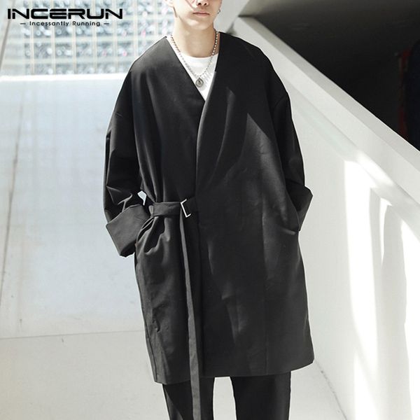

incerun punk style men trench coat outerwear long sleeve solid color streetwear loose lace up kimono men jacket windbreaker 2019, Tan;black
