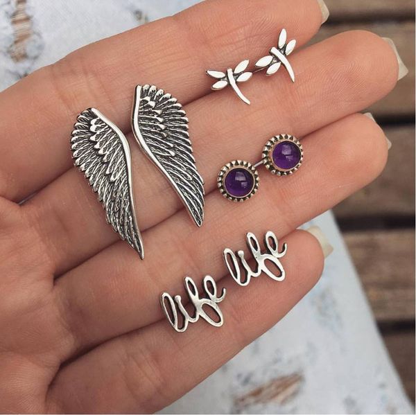 

stud earrings jewelry fashion purple gemstone stud earrings creative wing dragonfly letter like earrings 4 pairs set, Golden;silver