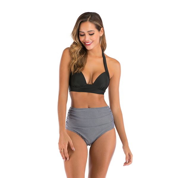 

2020 new swimwear multicolor solid color printed high waist split designer swimsuit bikini, White;black