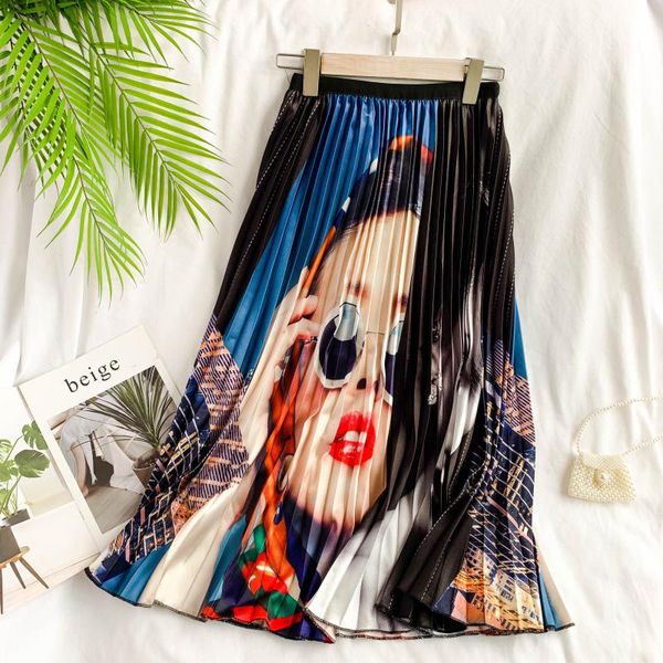 

women pleated skirt fashion 2019 elastic high waist cartoon skirt women spring summer midi skirts a line long skirt for women, Black