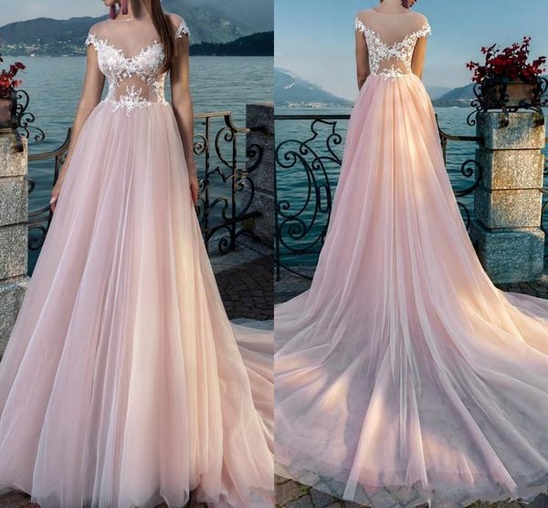 Blush Pink Beach Abiti da sposa Maniche corte Collo trasparente Tulle Appliques in pizzo Abito da sposa bohémien Abiti da sposa Boho Tulle Vestidos