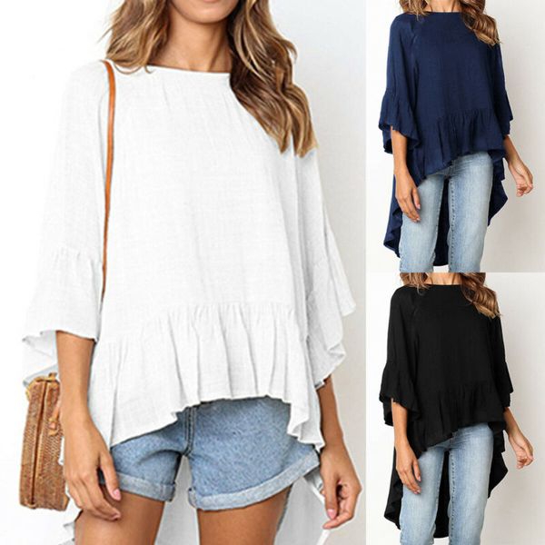 

Summer Womens Casual Beach Tunic Tops Blouse Crew Neck Ruffle Solid Sun T-Shirt