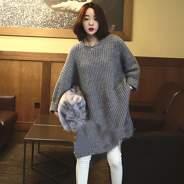 

women long sweater autumn winter open-fork pullover knitted jumper thickened o-neck long sleeve punk jumpers, White;black