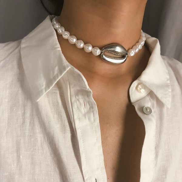 

multi layered pearl choker necklace vintage metal natural freshwater shell pearl necklace women's crystal pendant jewelry gift, Silver