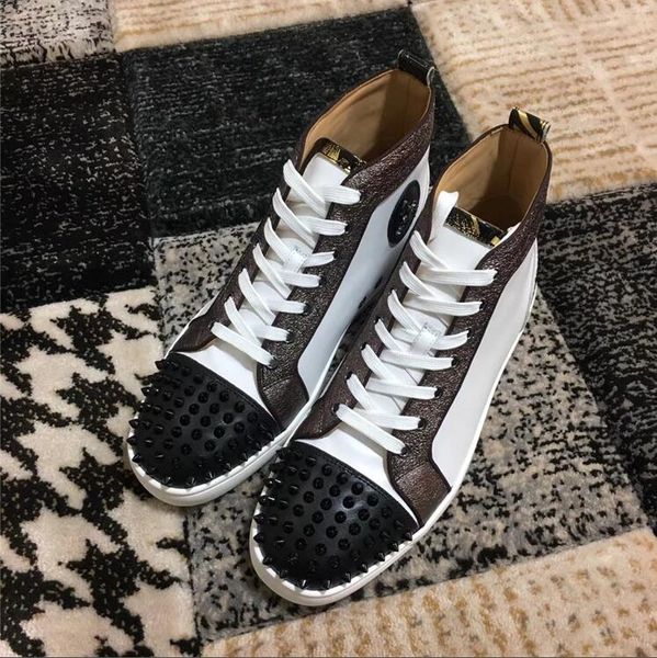

brand designer luxury men women white leather flat high red bottom sneakers with spikes toe trainers party dress walking eu35-46, Black
