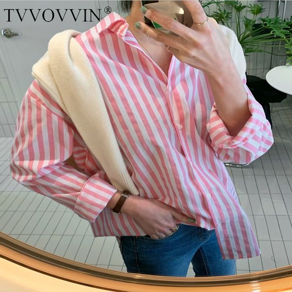 

tvvovvin 2020 new spring summer lapel single breasted stripe shirt women korea loose temperament big size cotton blouse pd913, White