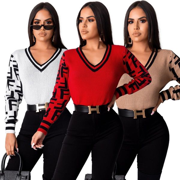 

2020 zs-z060 women sweater winter v-neck long sleeves loose fit pullover letter sweater sweatshirt solid pullover shirt, White