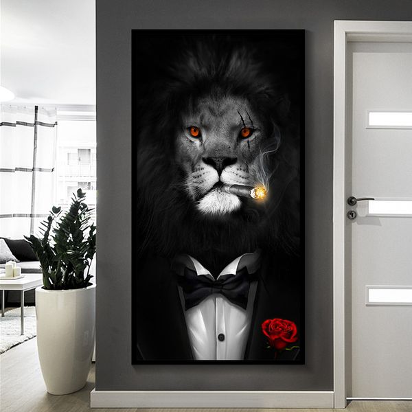 

black and white classy lion tiger elephant giraffe wolf horse wall art posters and prints animal wearing a hat canvas painting