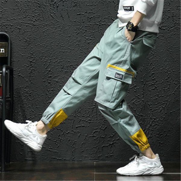 

men's pants cargo men loose hip hop streetwear joggers korean pocket patchwork harem ankle length trousers techwear, Black