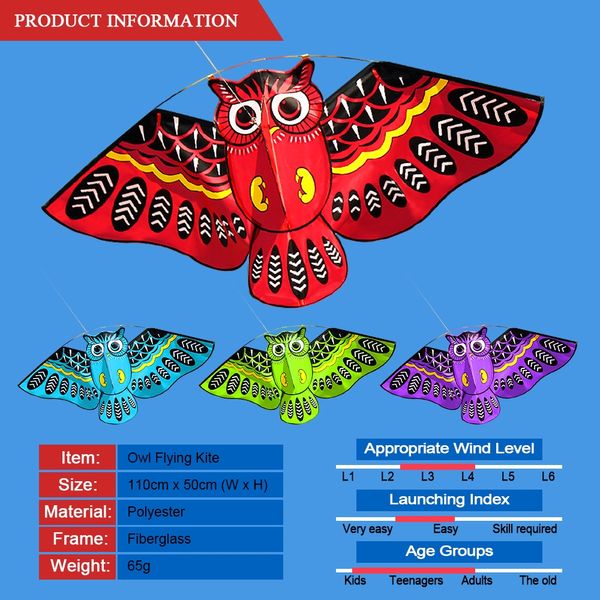 

43x20 inch owl ainimal kite single line bird kite outdoor fun sports easy to fly for kids with flying line 4 colors gift