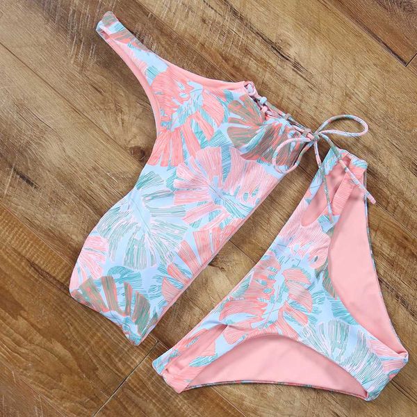 

plant printed pink bikini push up bikini set 2018 one shoulder strappy swimsuit summer swimwear women maillot de bain femme, White;black