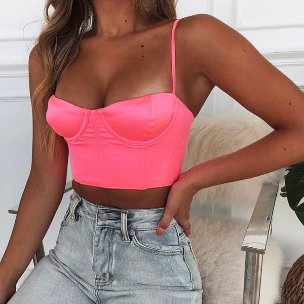 

female crop strap short tank unpadded summer sleeveless party club cropped cotton vest bustier pink camis casual, White