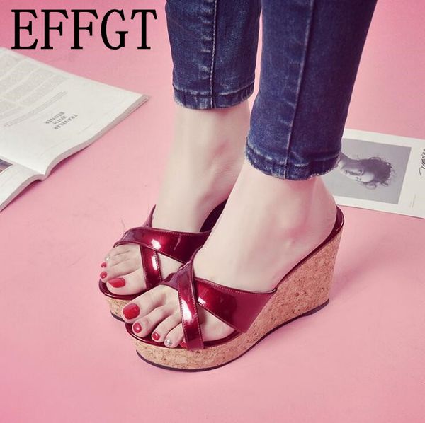 

effgt 2019 high heel wedge fish mouth sandals women slipper autumn elegant women slippers outside slides summer shoes z579, Black