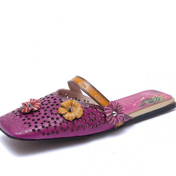 

yourseason summer 2020 retro women slippers genuine leather sewing slides floral handmade hollow ladies casual shoes flat with, Black