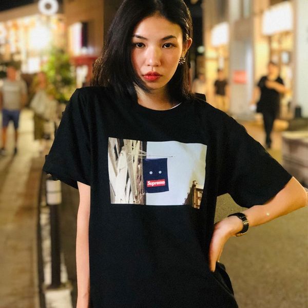 

tide brand designer menbanner tee 19fw open season signboard flag smiley face printed loose oversize short sleeve women couple t-shirt, White;black