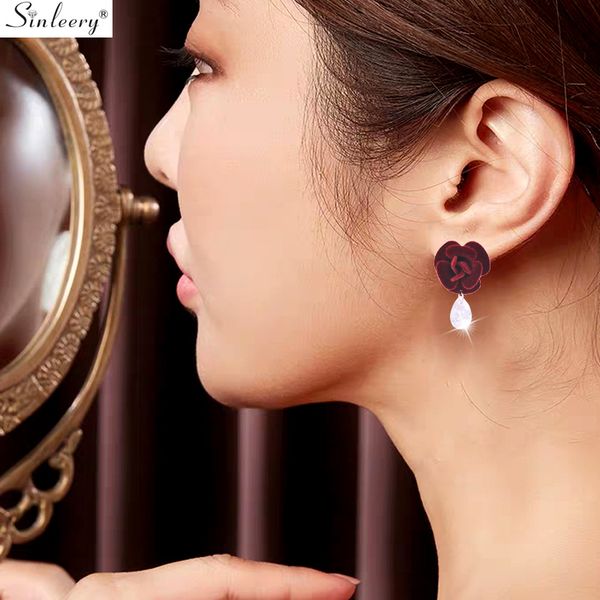 

sinleery elegant flower crystal drop earrings red gray black velvet clear zirconia wedding earrings for women jewelry es743 ssc, Silver