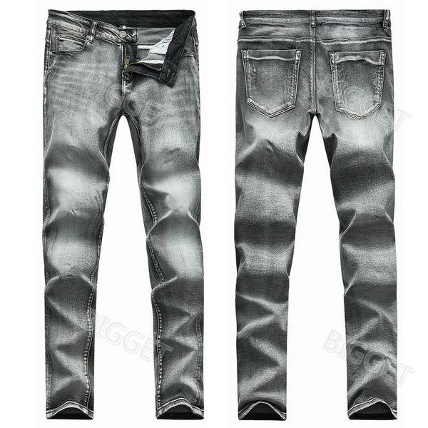 

men's plus size 38 gray denim jeans slim fit embroidery patches stretch fashion cowboy trousers for man, Blue