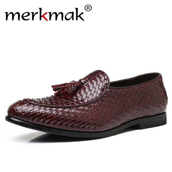 

merkmak handmade brand tassel shoes men casual leather dress loafers woven oxfords moccasins italian wedding flat shoes, Black