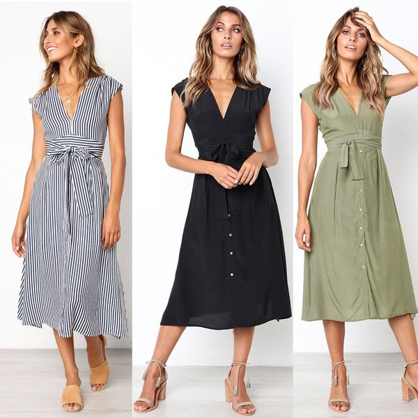 

2020 summer dress women sleeveless casual stripe dresses v neck bangage midi dress female knee length vintage sundress for lady, Black;gray