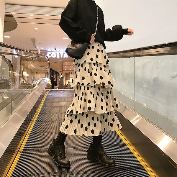 

2019 fashion polka dot layered long skirt high waist, Black