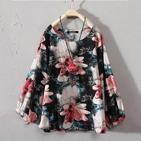 

summer floral long sleeve round neck shirts ladies casual loose retro boho, White