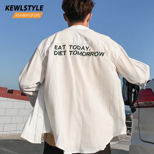 

mens three quarter sleeve white cotton shirt men embroidery streetwear regular fit casual korean fashion dress 2019 summer cs46, White;black