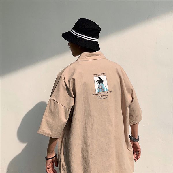 

2019 spring and summer new korean version of harajuku men's casual loose anime print cotton short-sleeved shirt -xl streetwear, White;black