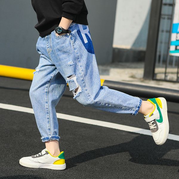 

jeans big boys kids pants children letter trousers clothes hole school boy casual loose denim, Blue
