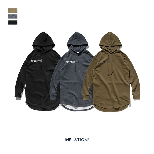 

inflation autumn men hoodies extended round sweep hoodies curved hem long line hip hop back print men 9681w, Black