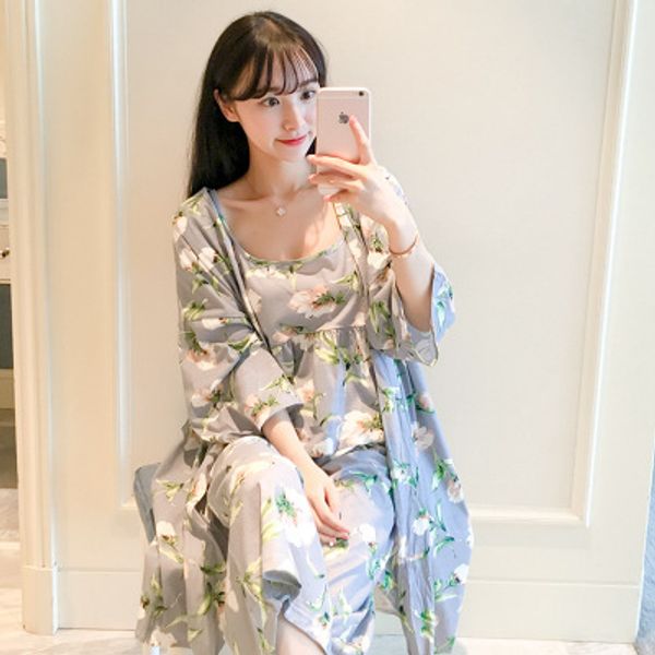 

autumn and winter magnolia three-piece sleepwear suspender sleepwear lady's home suit milk silk autumn, Blue;gray
