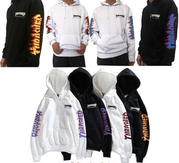 

mens quality luxury hoodies japanese classic flame print plus velvet sweater couple unicorn arm slim coat, Black