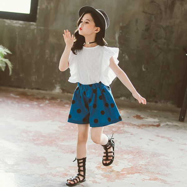 

baby girls summer clothing sets 2020 cute ruffles shirt with dot pants two piece kids clothes set children sports suit outfits, White